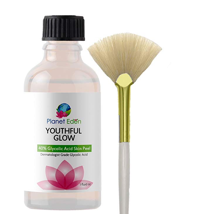 Planet Eden Youthful Glow 40% Glycolic Acid Peel with Free Fan Brush - Powerful and Deep Peel for Wrinkles, Acne and Melasma and Free Fan Brush