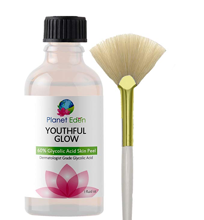 Planet Eden Youthful Glow 60% Glycolic Acid Peel with Free Fan Brush ~ Diminishes Acne, Wrinkles and Freckles