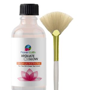 Planet Eden 10% Salicylic Acid Skin Chemical Peel with Tea Tree Oil, Lactic Acid and Green Tea Extract - Professional Acne Strength & Fast Results - Fan Brush