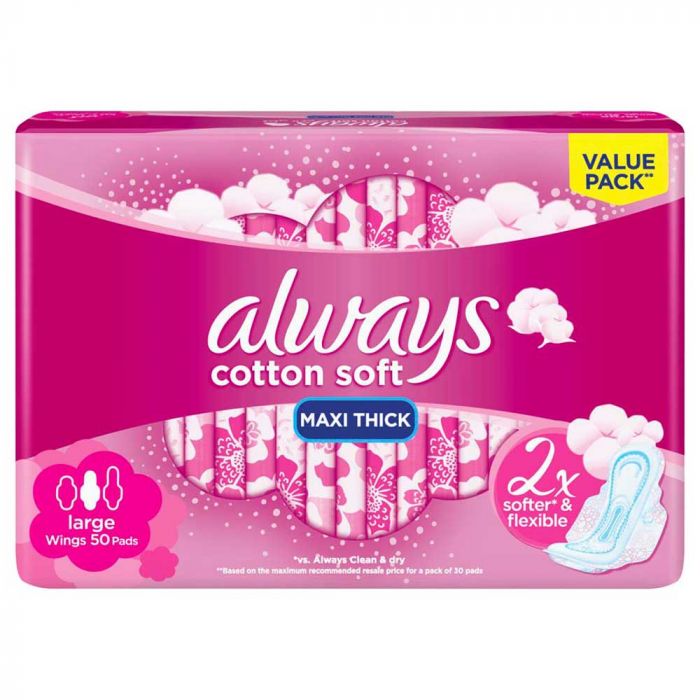 Always Feminine Pads Cottin Soft Maxi Thick Large With Wings - 50 Pcs